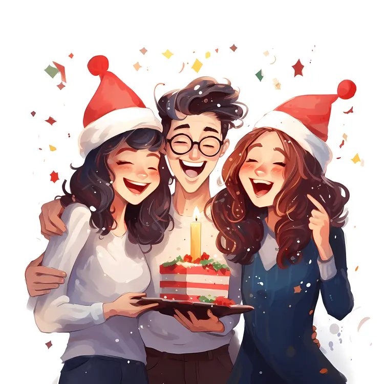 Friends Celebrating Christmas with a Birthday Cake