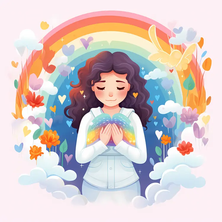 Girl Holding a Rainbow Surrounded by Flowers and Clouds