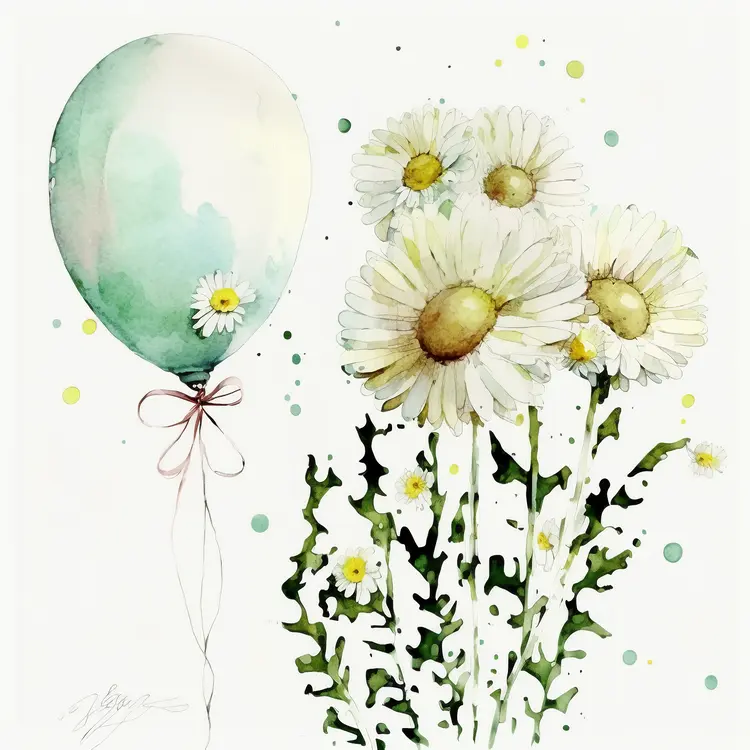 Watercolor Balloon and Daisies Illustration