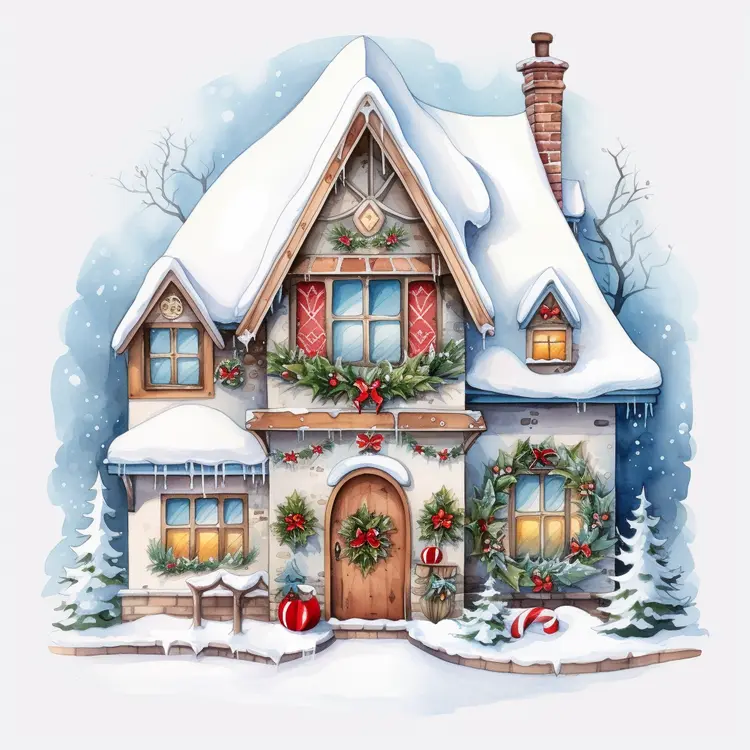 Cozy Snowy House with Christmas Decorations