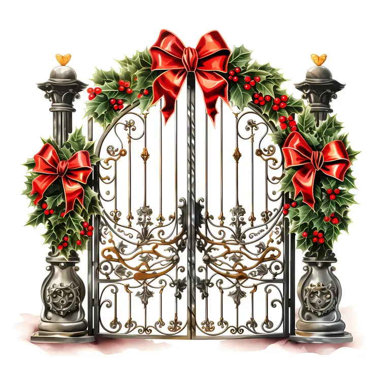 Gate Adorned with Holly and Red Bows