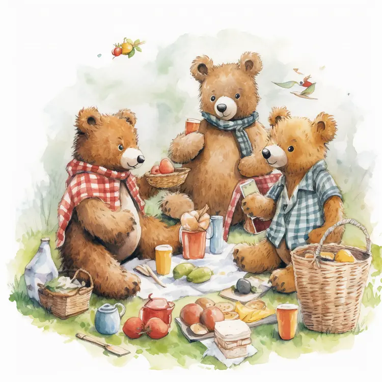 Three Teddy Bears Having a Picnic
