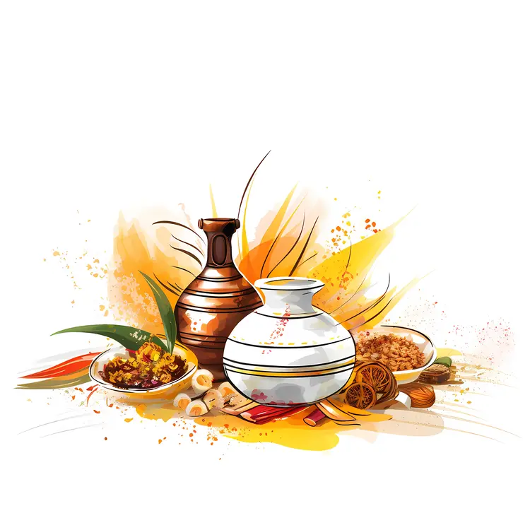 Traditional Pottery with Spices and Herbs for Diwali Celebration