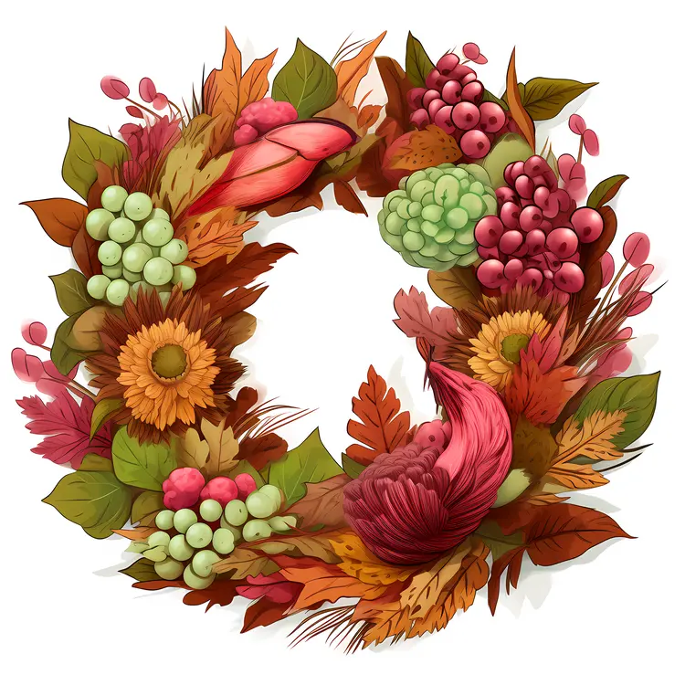 Floral Autumn Wreath with Leaves and Berries