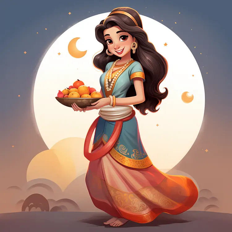 Woman in Traditional Clothing Holding a Bowl of Fruit
