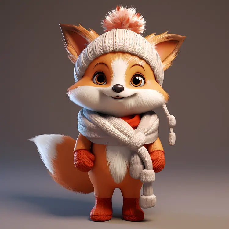 Cute Fox in Winter Clothes with Scarf