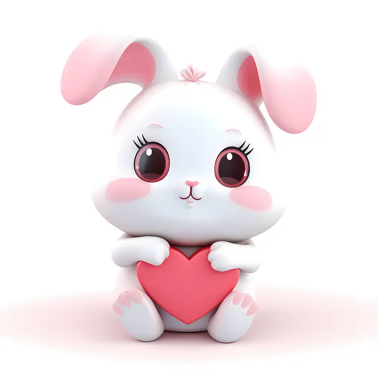 White Bunny with Pink Ears Holding a Heart