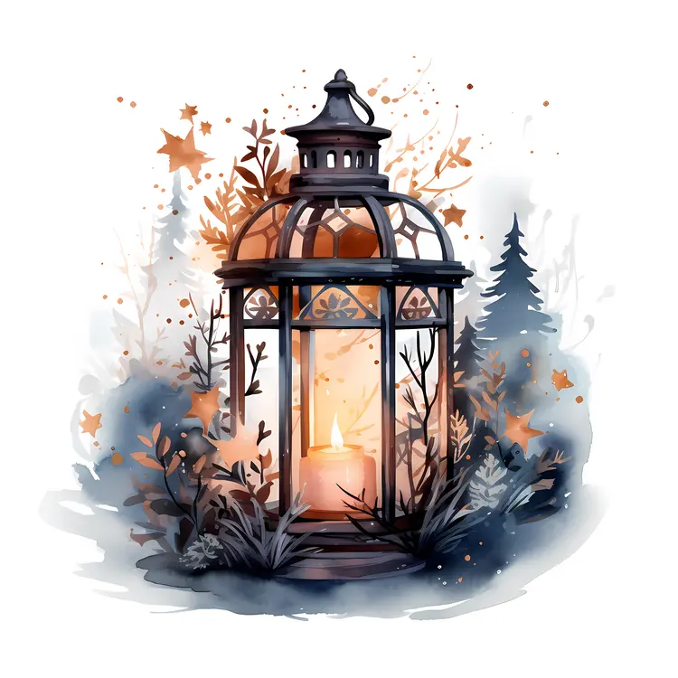 Black Lantern with Candle and Winter Decorations