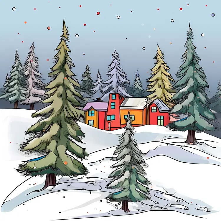 Snowy Forest with Colorful Cabin