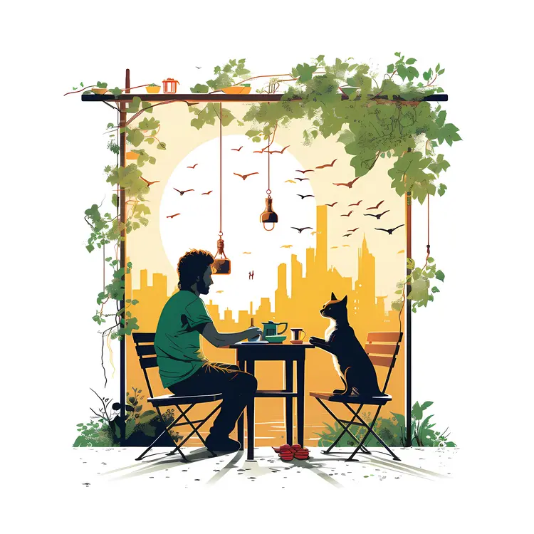 Man and Dog Dining Outdoors with Cityscape Background