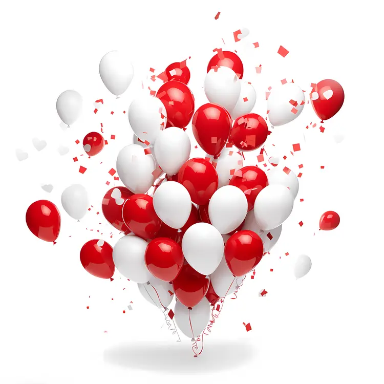 Cluster of Red and White Balloons with Confetti
