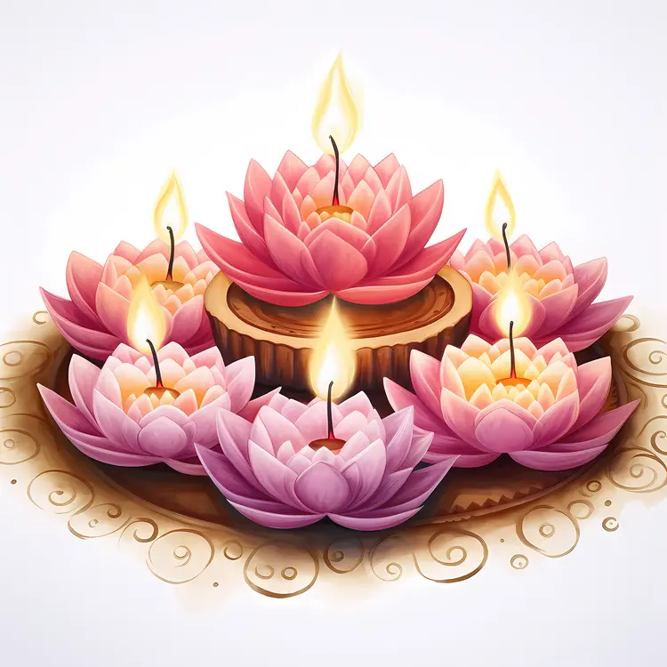Lotus Diyas with Flames for Diwali