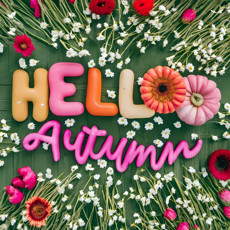 Hello Autumn Text with Flowers and Daisies