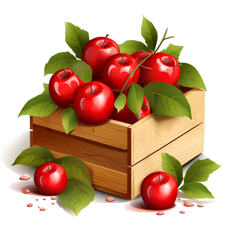 Red Apples in Wooden Crate with Green Leaves