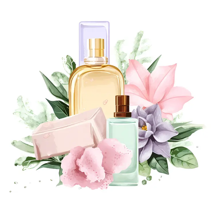 Elegant Perfume Bottles with Flowers and Soap