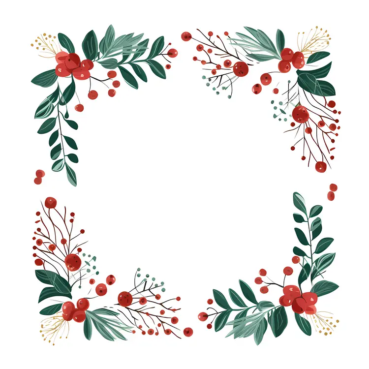 Square Berry Frame with Green Leaves and Red Berries