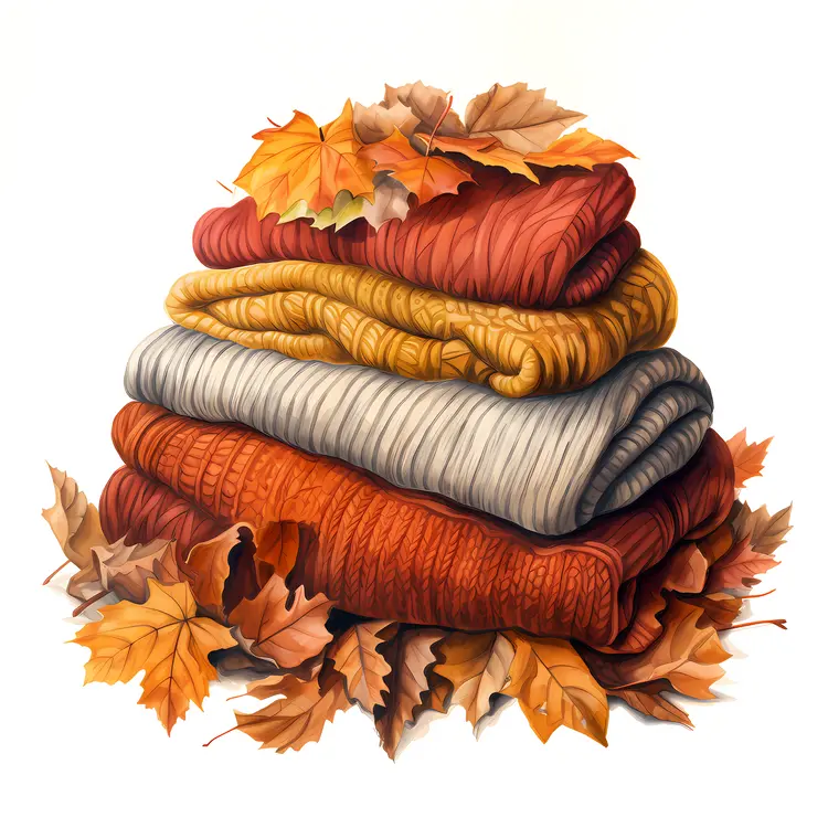 Cozy Stack of Autumn Sweaters with Leaves