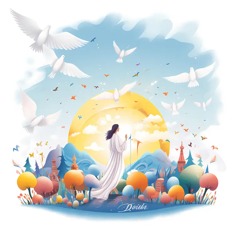 White Doves Flying at Sunset with Person