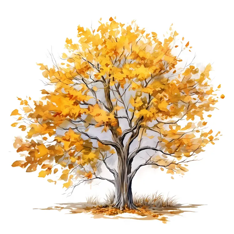 Yellow Autumn Tree with Falling Leaves