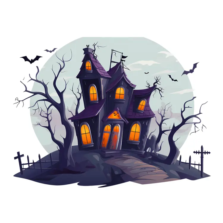 Haunted House with Bats and Trees