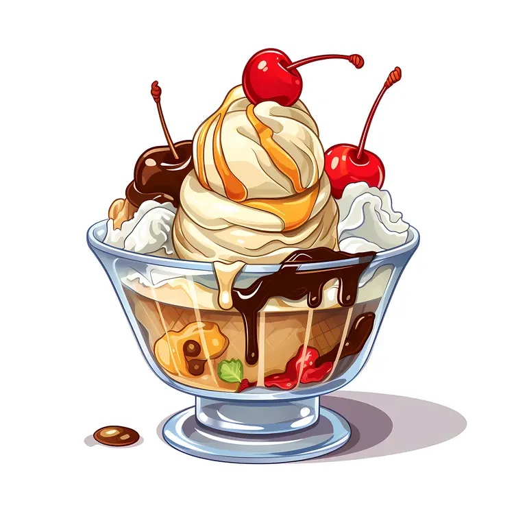 Delicious Ice Cream Sundae with Cherries and Chocolate Syrup