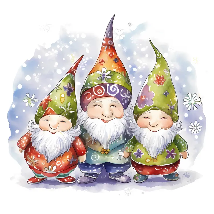 Three Gnomes with Colorful Hats