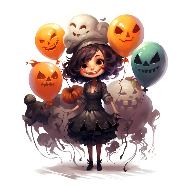 Girl with Halloween Balloons in Costume
