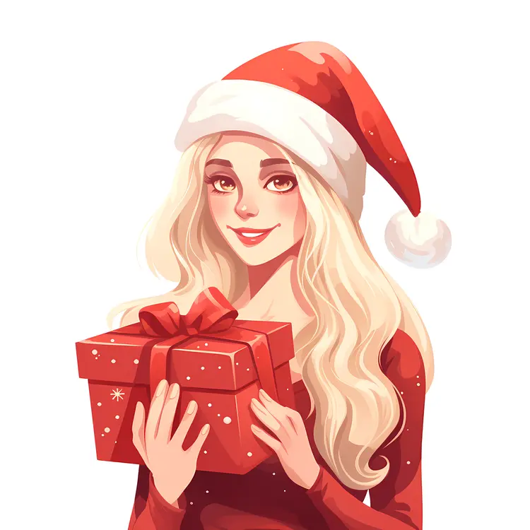Blonde Girl with Gift Box in Santa Hat