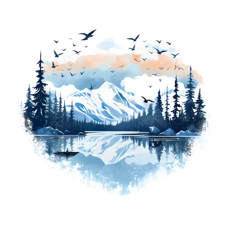 Mountain and Lake Landscape with Birds