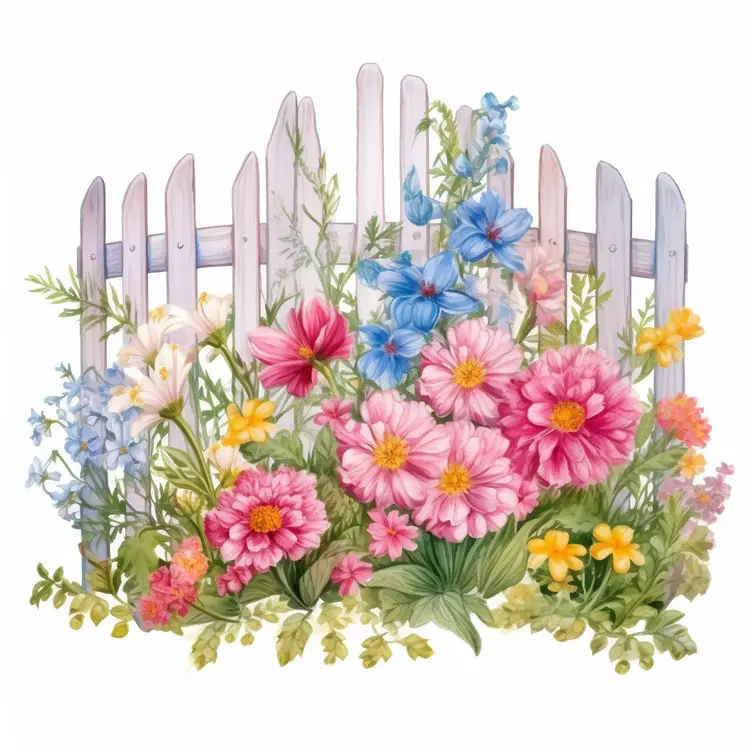 Vibrant Flowers with White Picket Fence