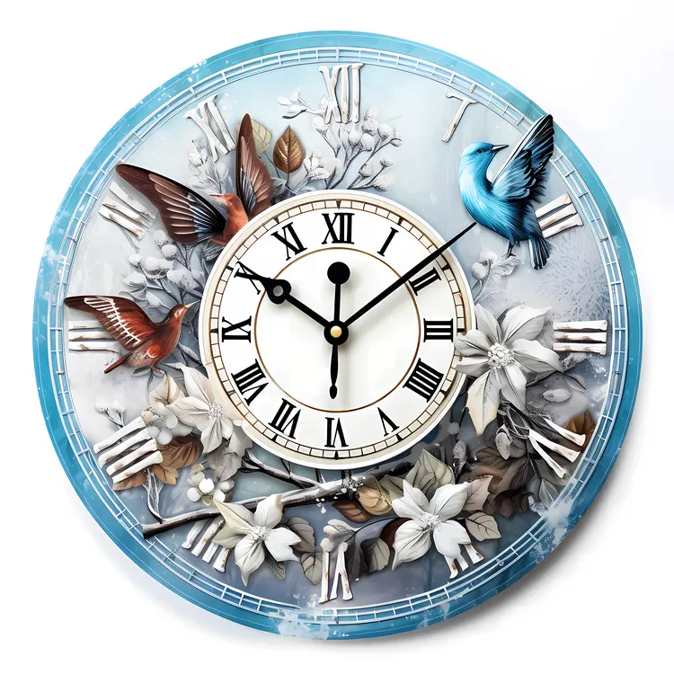 Birds and Flowers Clock with Blue Floral Design