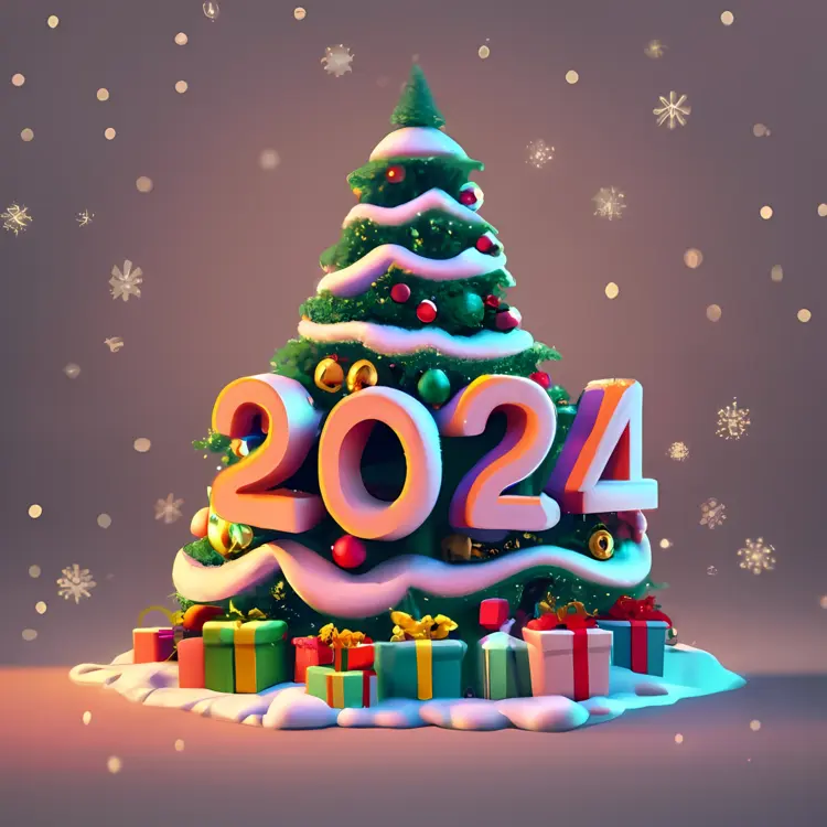 Snowy Christmas Tree with 2024 and Holiday Presents