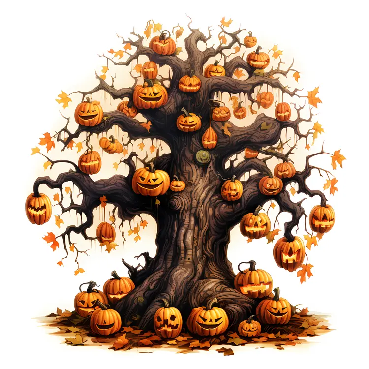 Halloween Tree with Pumpkins and Autumn Leaves