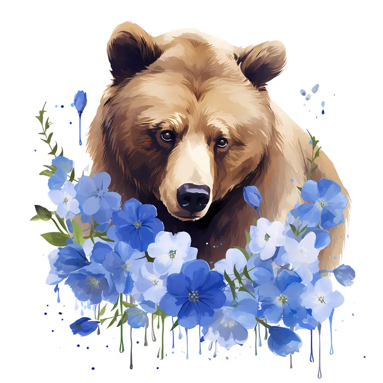 Bear Surrounded by Blue Flowers