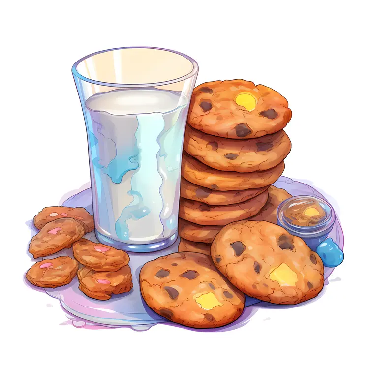 Chocolate Chip Cookies and Milk with a Small Jar
