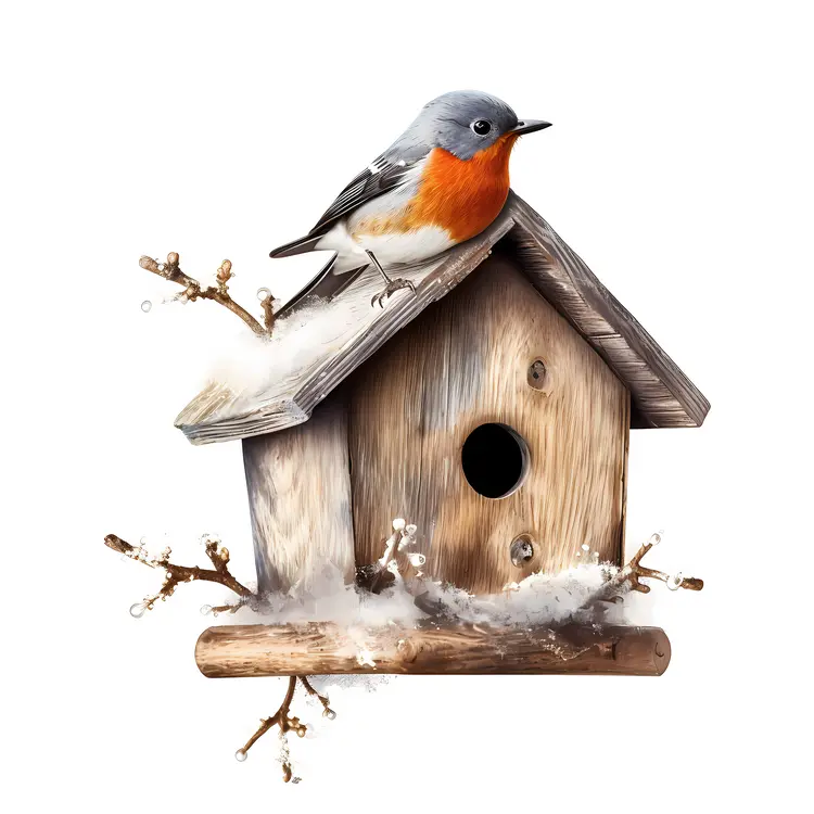 Birdhouse with Bird on Branch