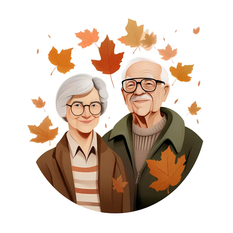 Elderly Couple with Autumn Leaves for Grandparents Day