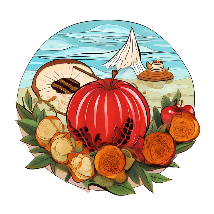 Tropical Pomegranate and Fruits on the Beach