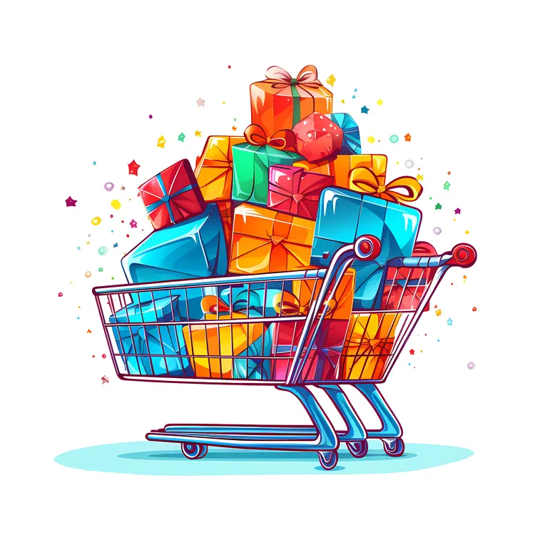 Shopping Cart Filled with Wrapped Gifts