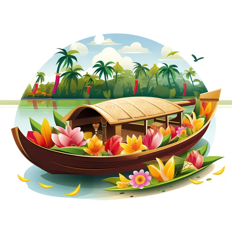Beautiful Boat with Flowers in a Tropical River Scene