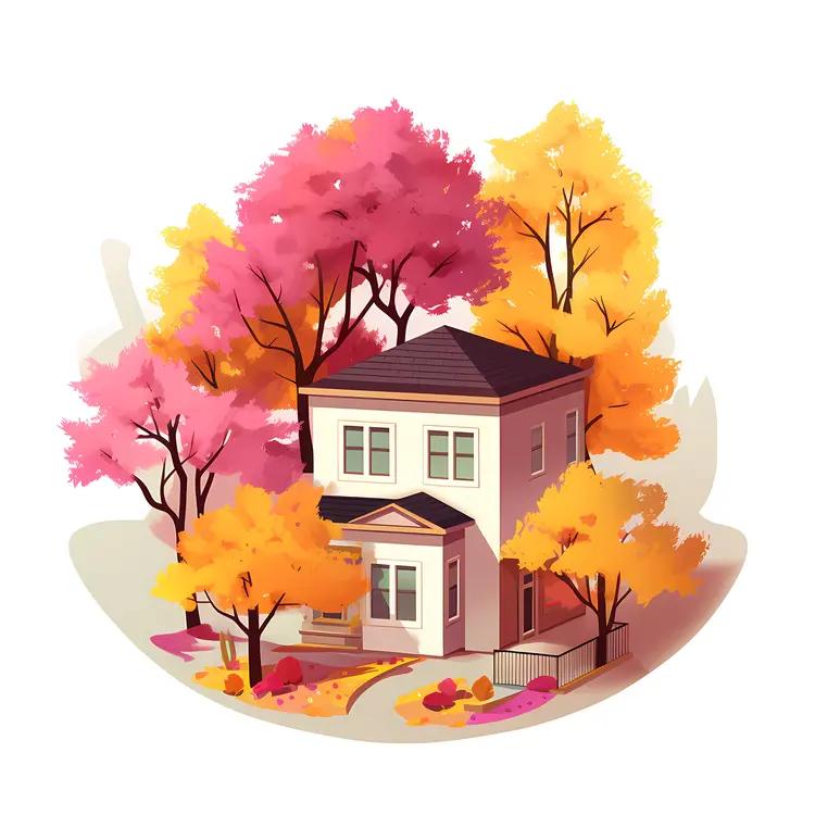 Small Cute Doodle House with Autumn Trees