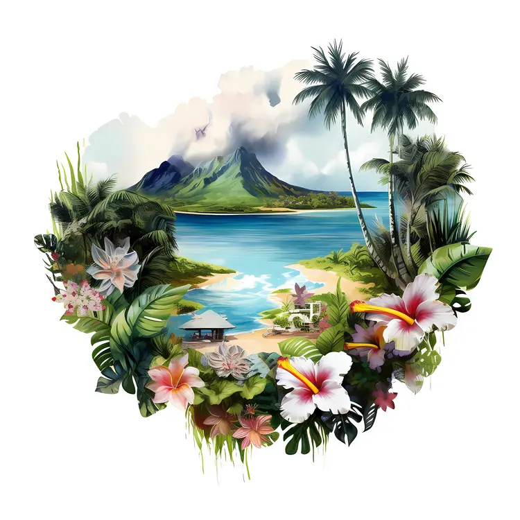 Tropical Island with Flowers and Mountains