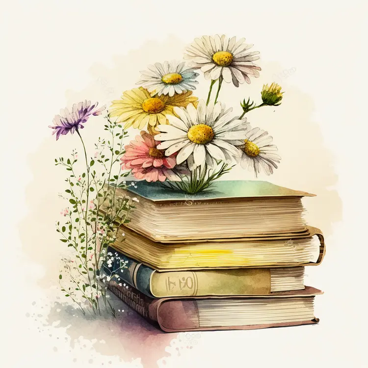 Beautiful Stack of Books with Flowers