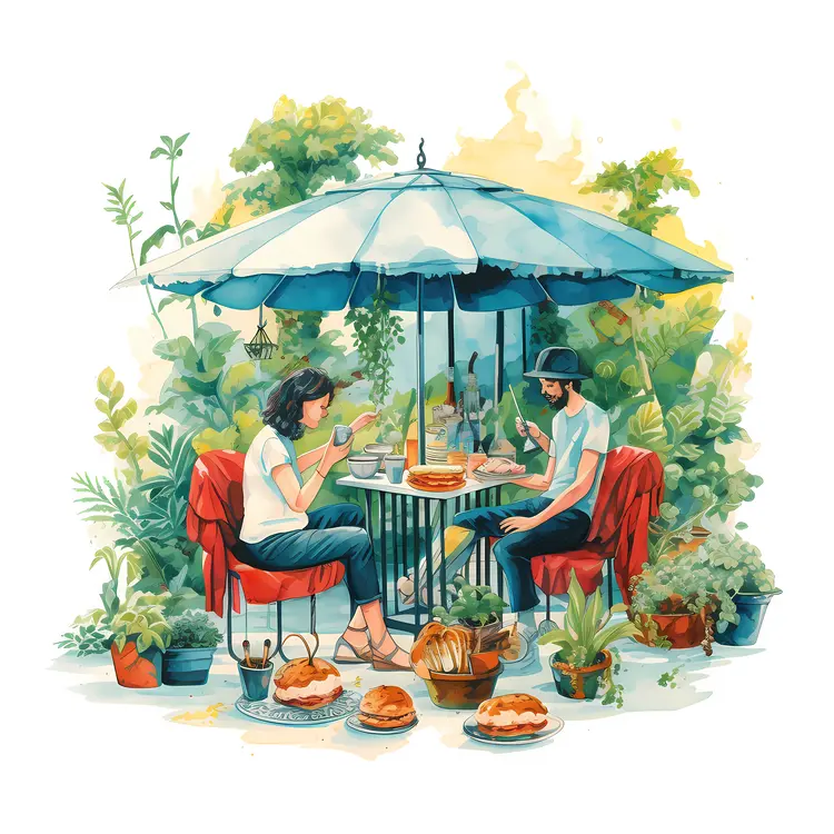 Couple Dining Outdoors Under an Umbrella
