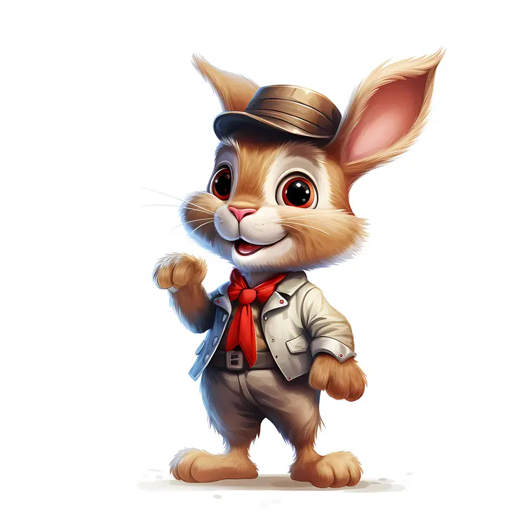 Cute Bunny in a Hat and Red Scarf