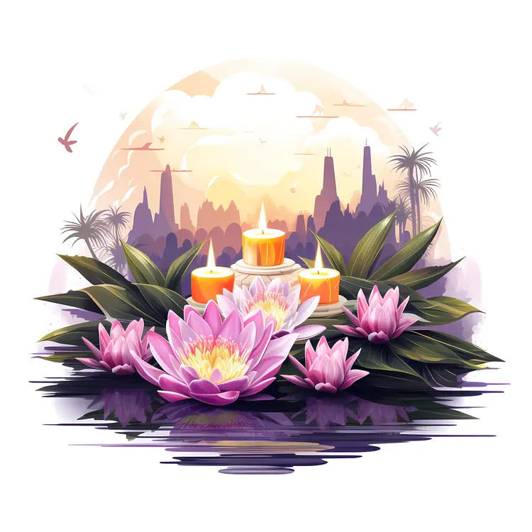 Pink Lotus Flowers with Candles in a Scenic Setting