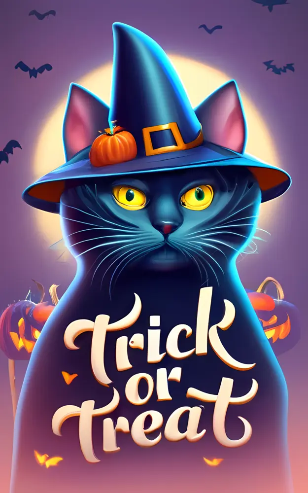 Black Cat with Witch Hat and Trick or Treat Sign