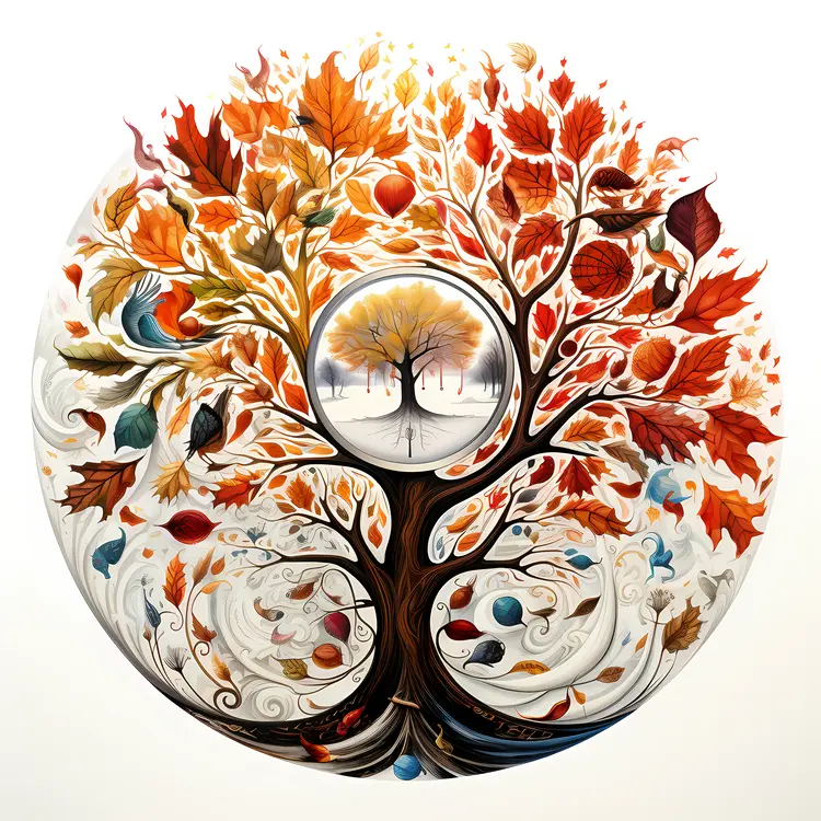 Autumn Tree with Colorful Leaves and Birds