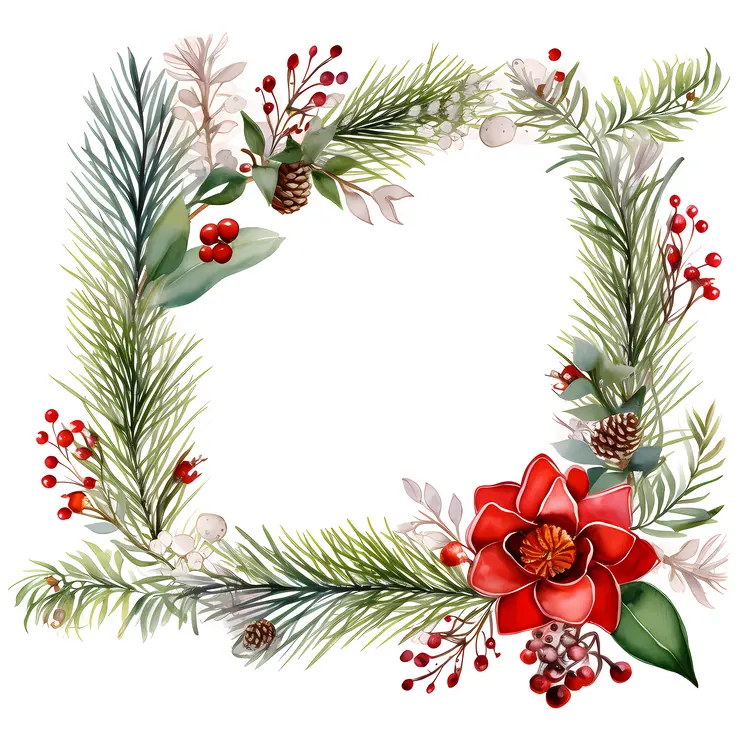 Square Pine Frame with Red Berries and Pine Cones