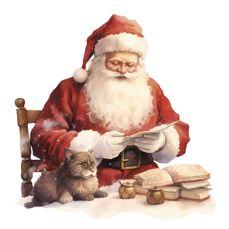 Santa Claus with a Cat and Books